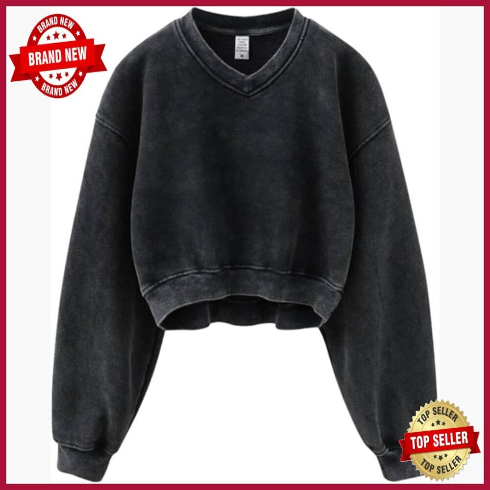 V-Neck Hoodie Sweatshirt Long Sleeve Athletic Fleece Crop Top